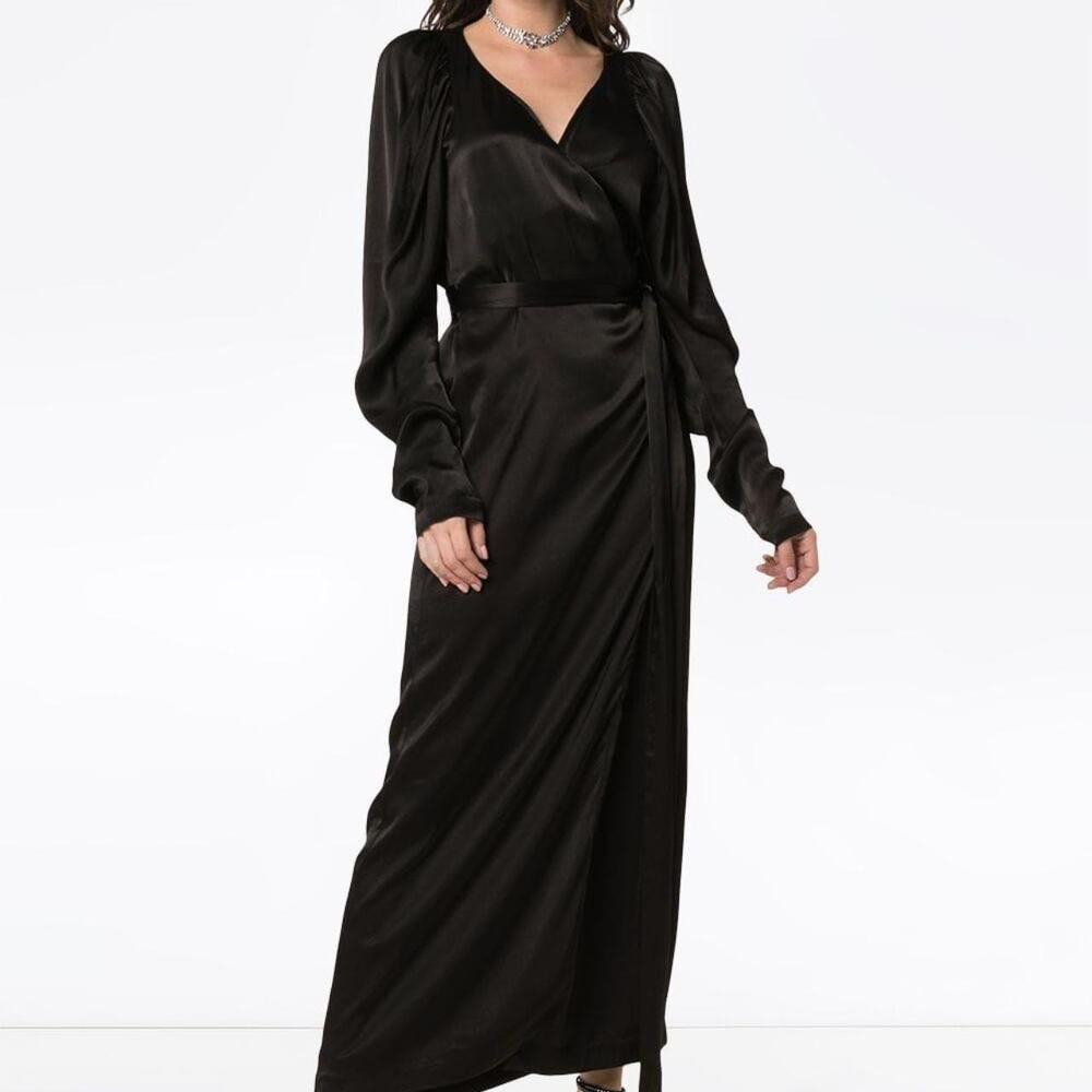 ROTATE BY BIRGER CHRISTENSEN Black Satin Maxi Wrap Dress Size 34 US 4